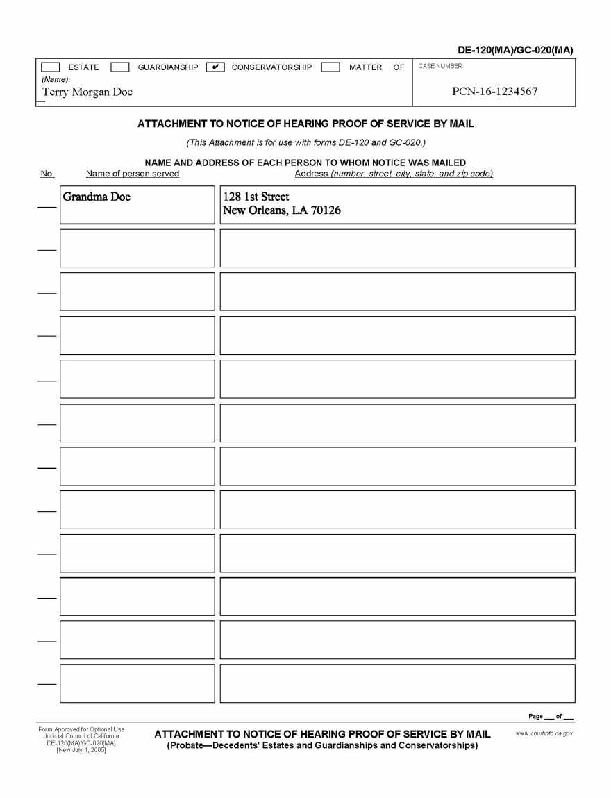GC-020(MA) Notice of Conservatorship Notice of Hearing Proof of Service by Mail