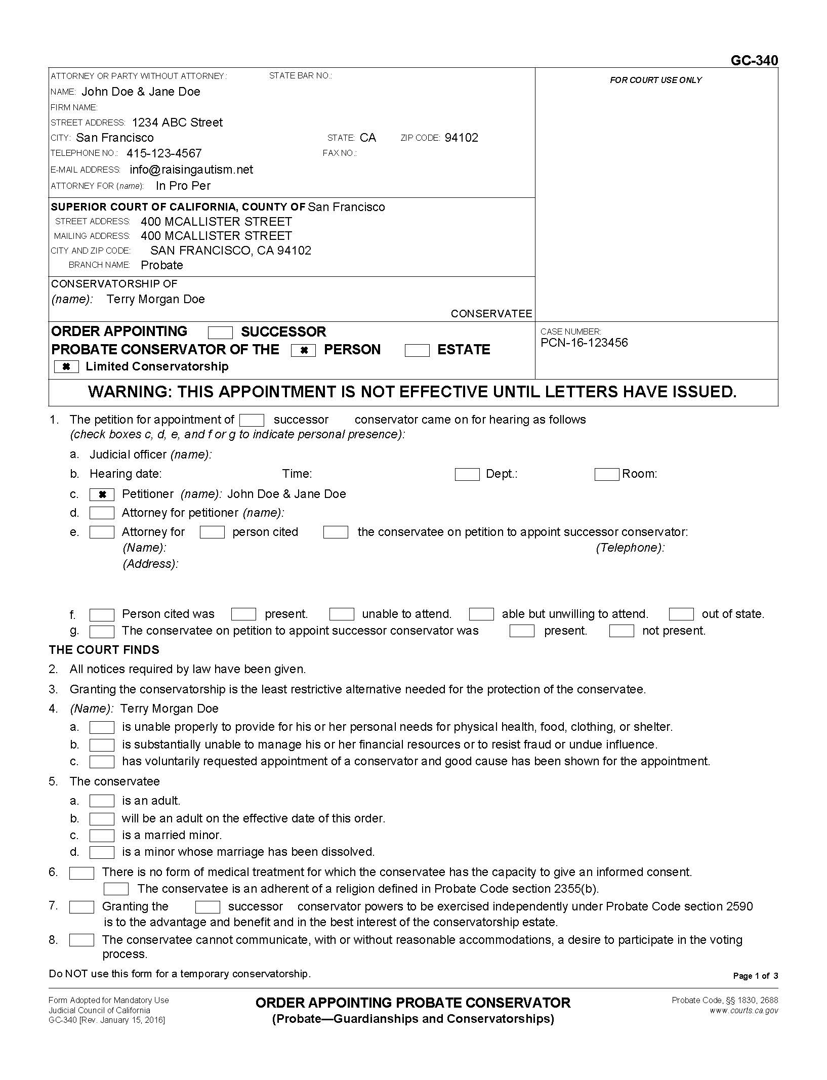 gc-340 page 1 Order Appointing Probate Conservatorship